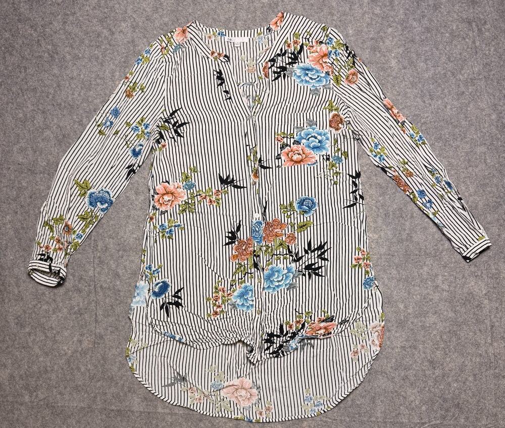 Women Blue Striped Floral Collared Long Sleeve Rayon Tunic Blouse Medium